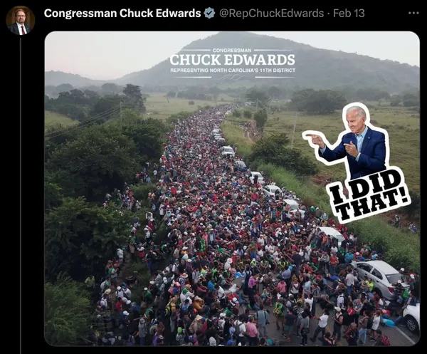 Republican US Rep Chuck Edwards of North Carolina posted a picture of a migrant caravan that was taken in 2018 and not during President Joe Biden's administration.