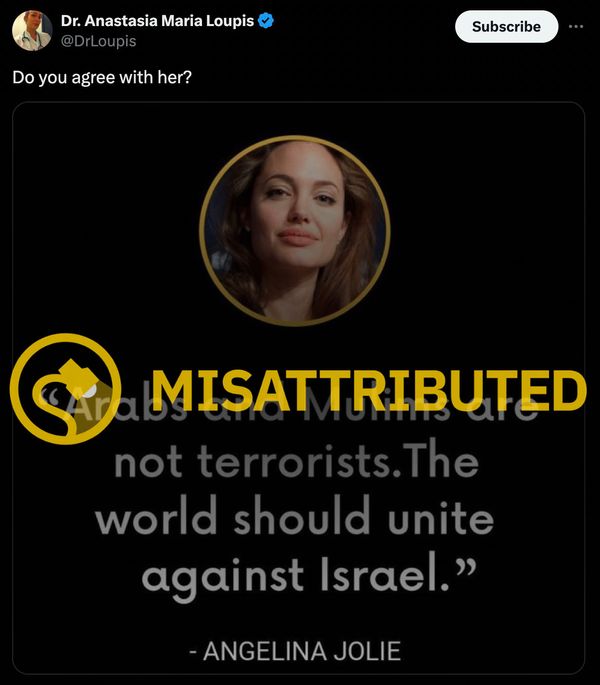 A rumor claimed that Angelina Jolie said Arabs and Muslims are not terrorists and that the world should unite against Israel.