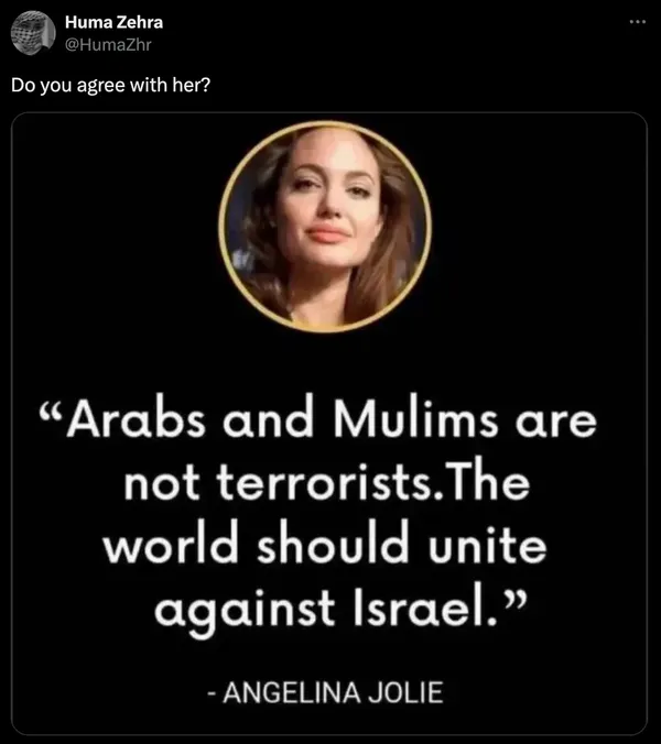 Netizens on social media claimed that Angelina Jolie once said that Arabs and Muslims are not terrorists and that the world should unite against Israel.