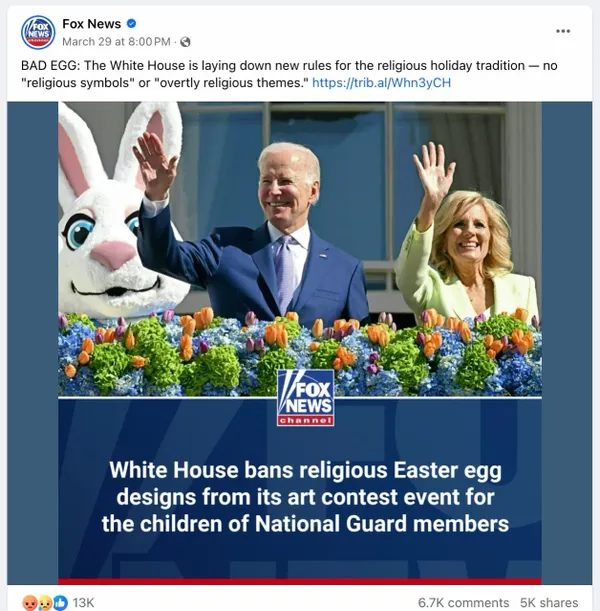 A rumor claimed President Joe Biden banned religion from an Easter egg contest at the White House.