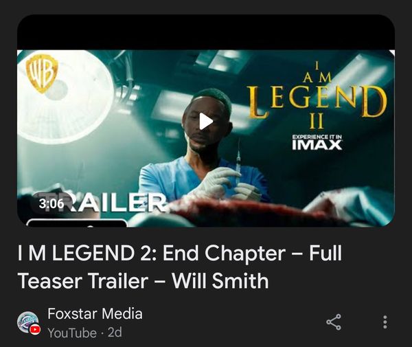 A movie trailer purportedly for I Am Legend 2 was uploaded to YouTube in April 2024 and featured Will Smith and Michael B. Jordan.