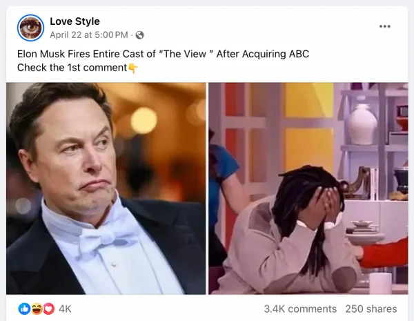 Online posts falsely claimed Elon Musk fired the entire cast of The View after acquiring ABC and had the headline reading Elon Musk shakes up television with daring acquisition and dismissal.