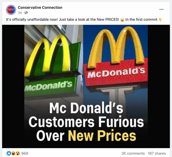 A coordinated effort on Facebook in April 2024 spammed posts with the six words McDonald's Customers Furious Over New Prices.