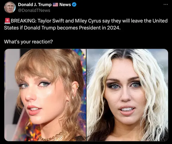 BREAKING Taylor Swift and Miley Cyrus say they will leave the US if Donald Trump becomes president in 2024